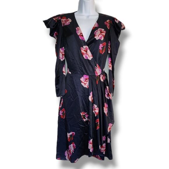 Joie Miltona Navy Floral Satin Wrap Midi Dress – Small - Picture 4 of 10